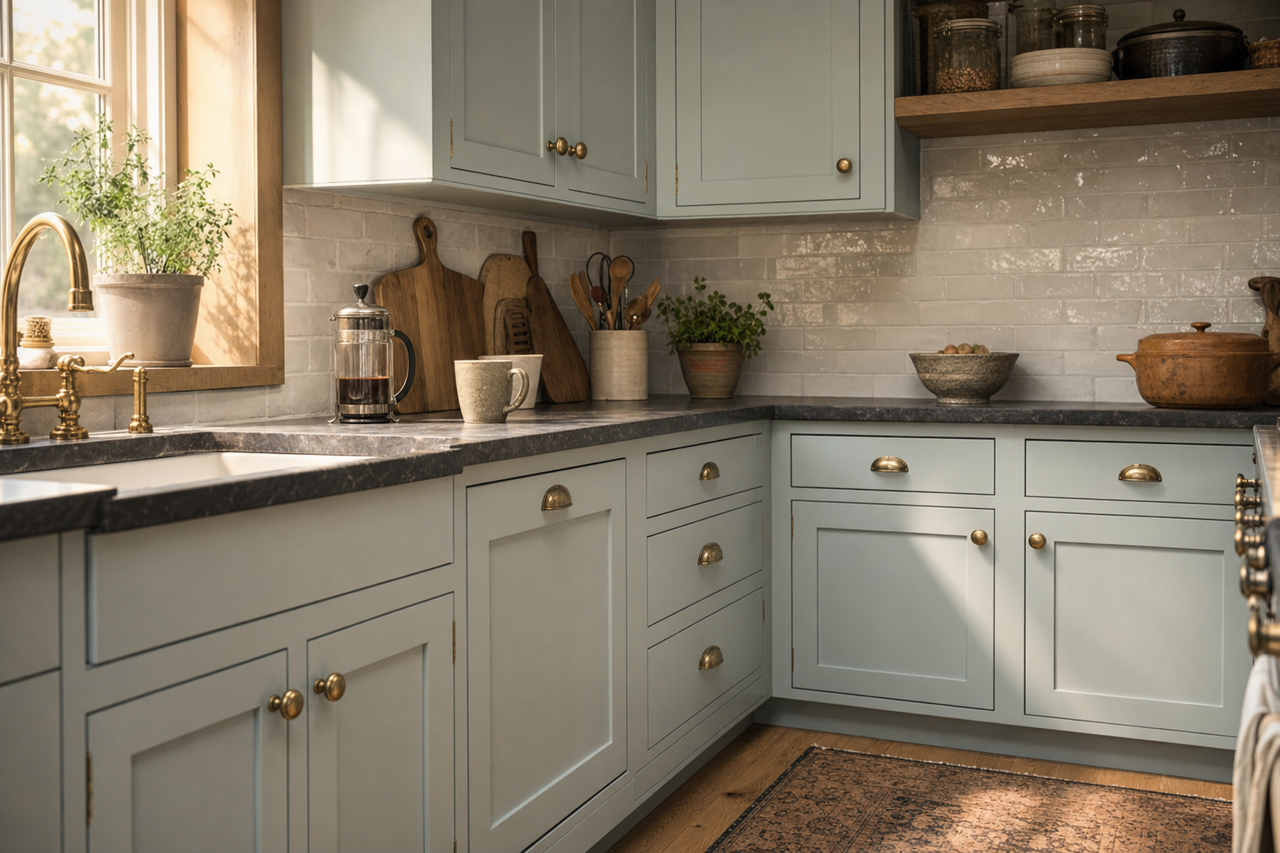 Tradewind by Sherwin-Williams on cabinets