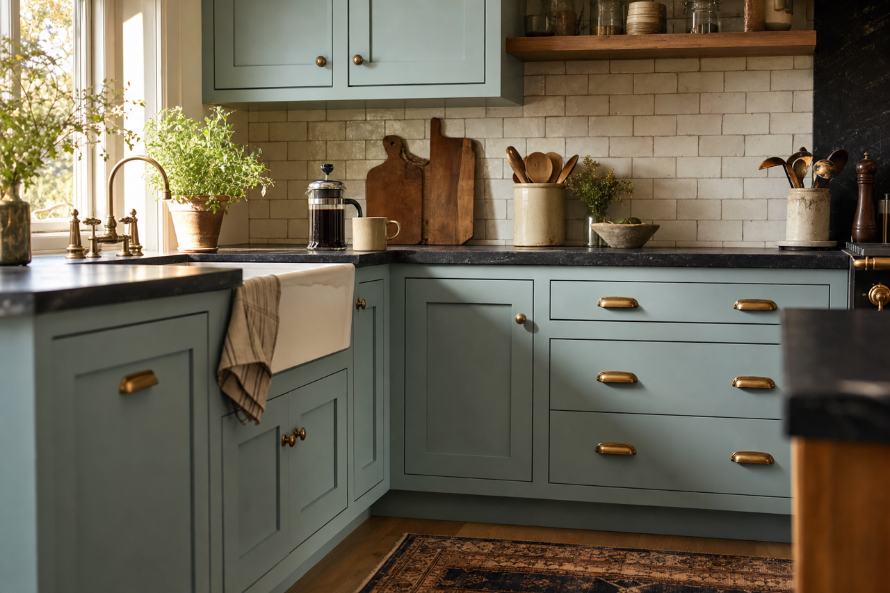 Rain by Sherwin-Williams on cabinets