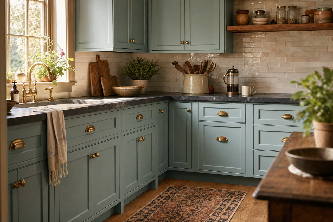 Interesting Aqua by Sherwin-Williams on cabinets