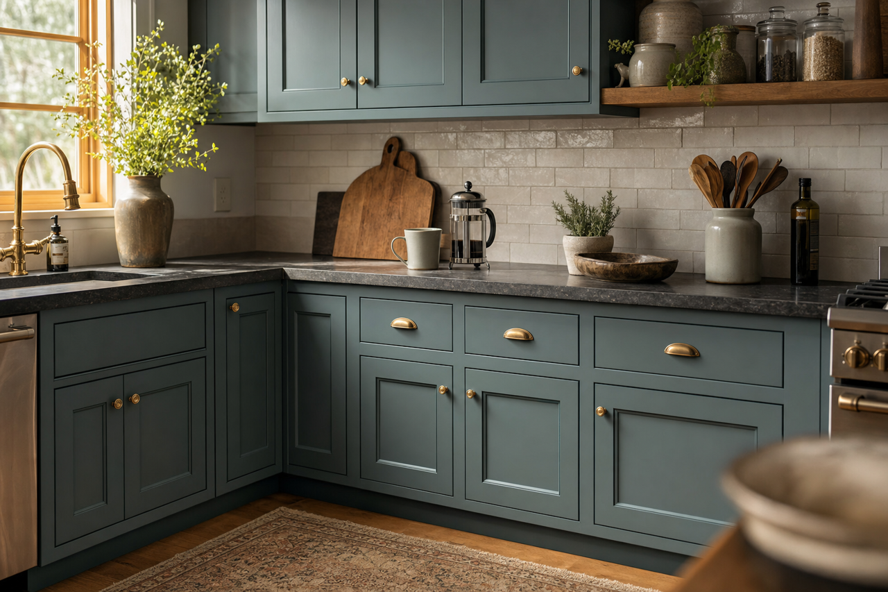 Riverway by Sherwin-Williams on cabinets