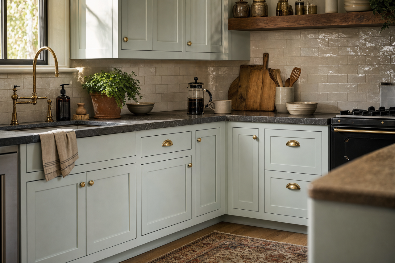 Mountain Air by Sherwin-Williams on cabinets