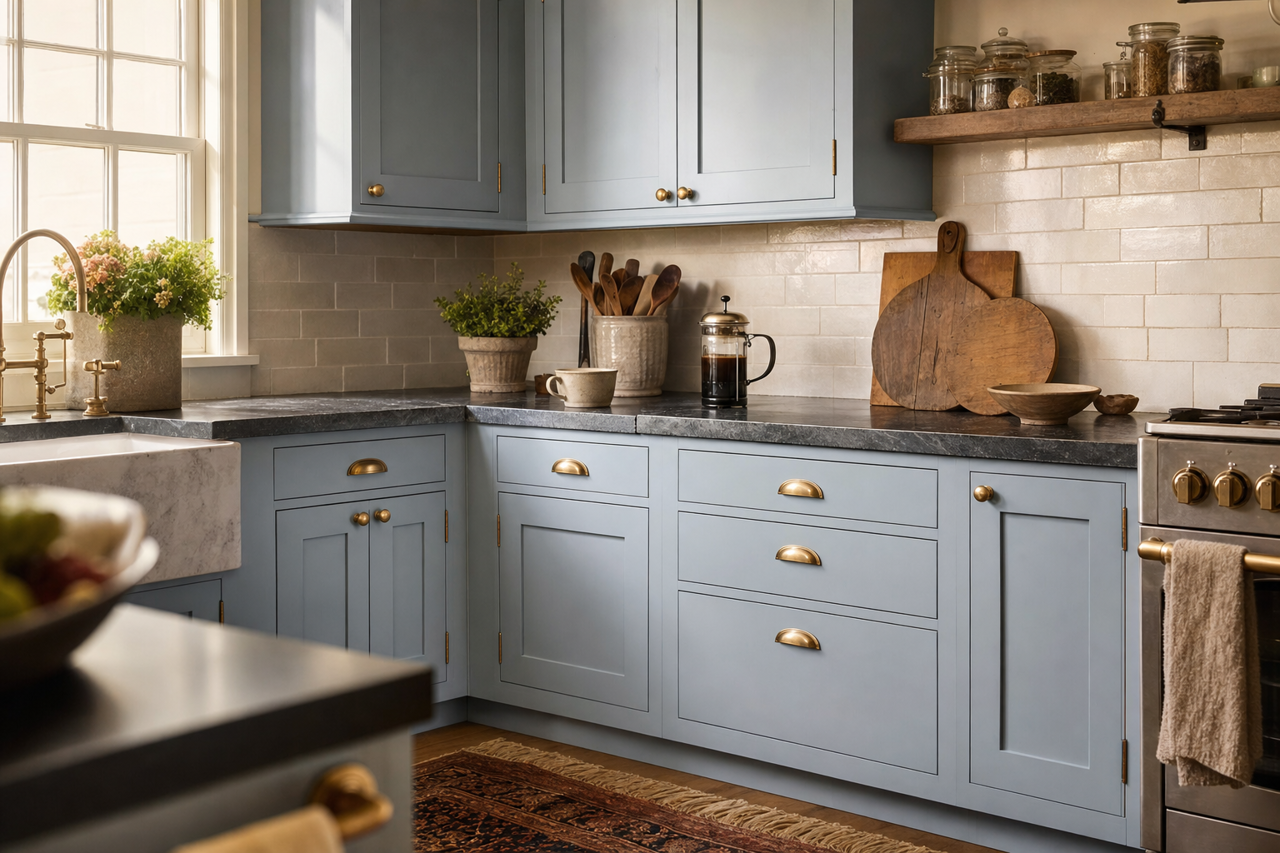 Windy Blue by Sherwin-Williams on cabinets