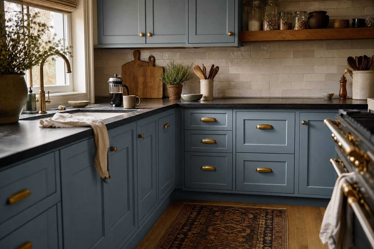 Bracing Blue by Sherwin-Williams on cabinets