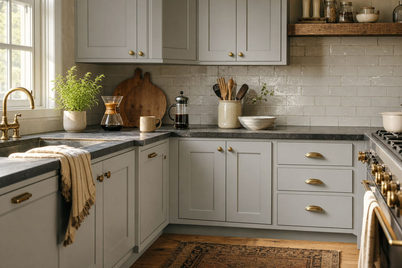 Lazy Gray by Sherwin-Williams on cabinets