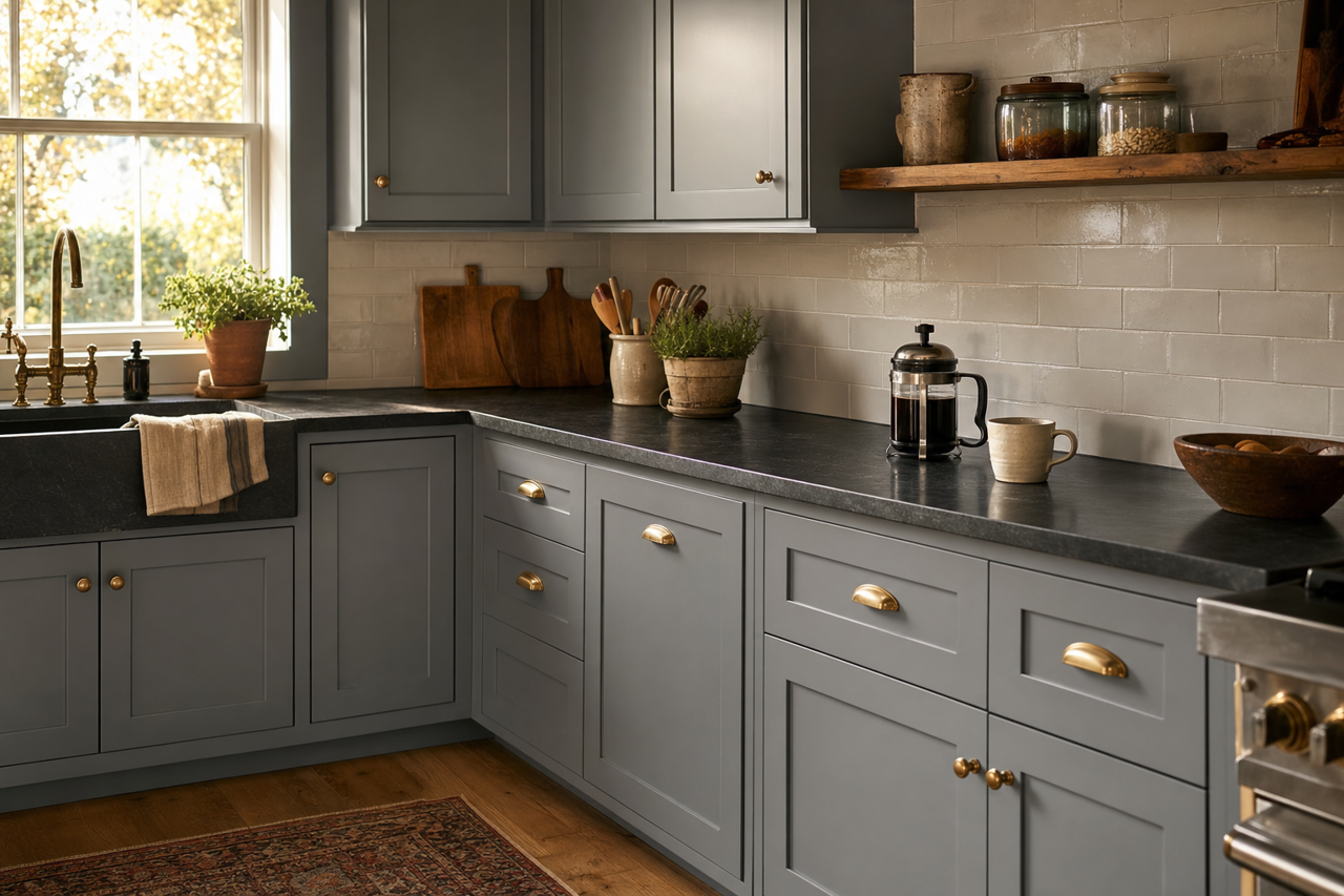 Serious Gray by Sherwin-Williams on cabinets