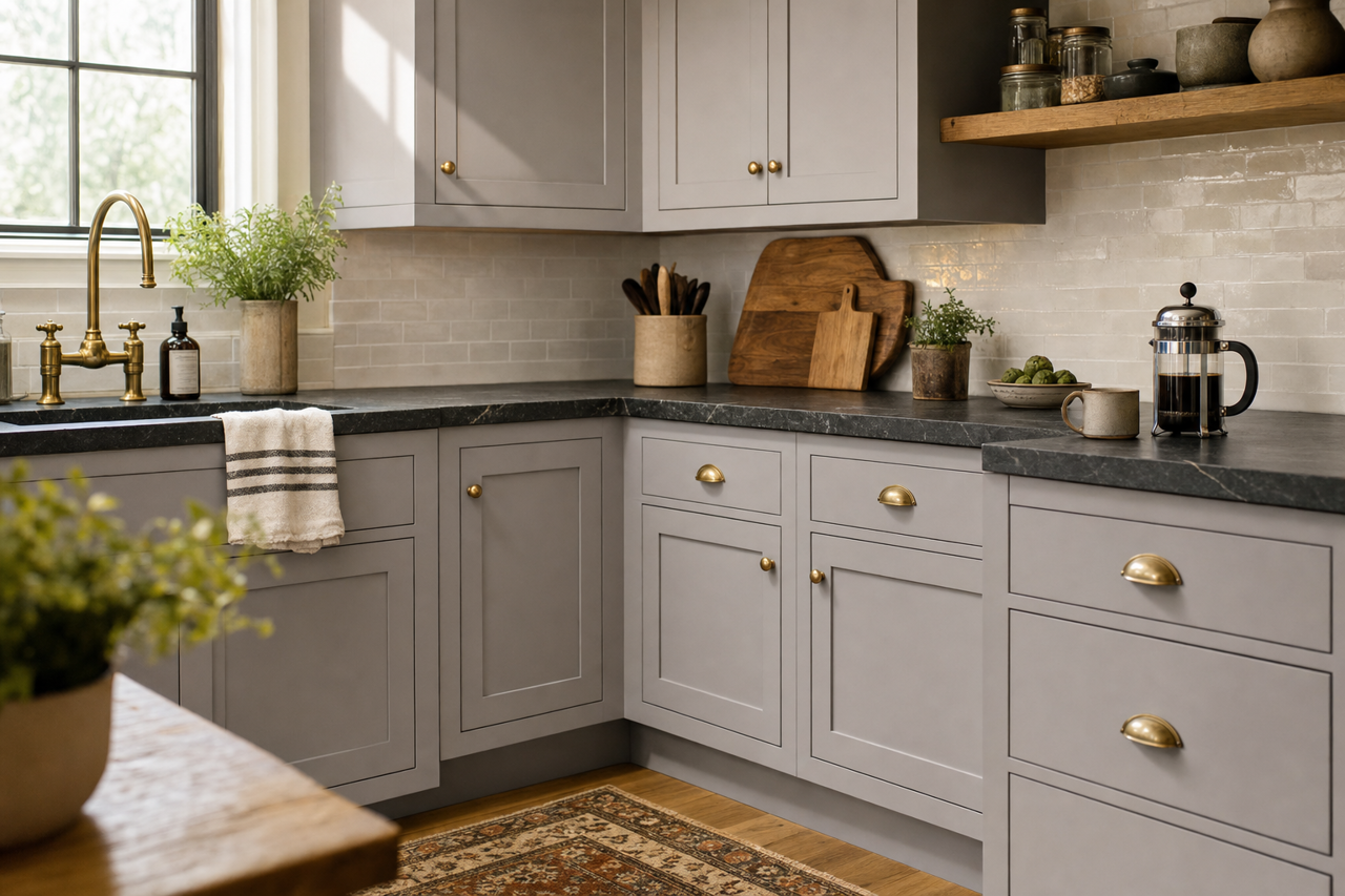 Mysterious Mauve by Sherwin-Williams on cabinets