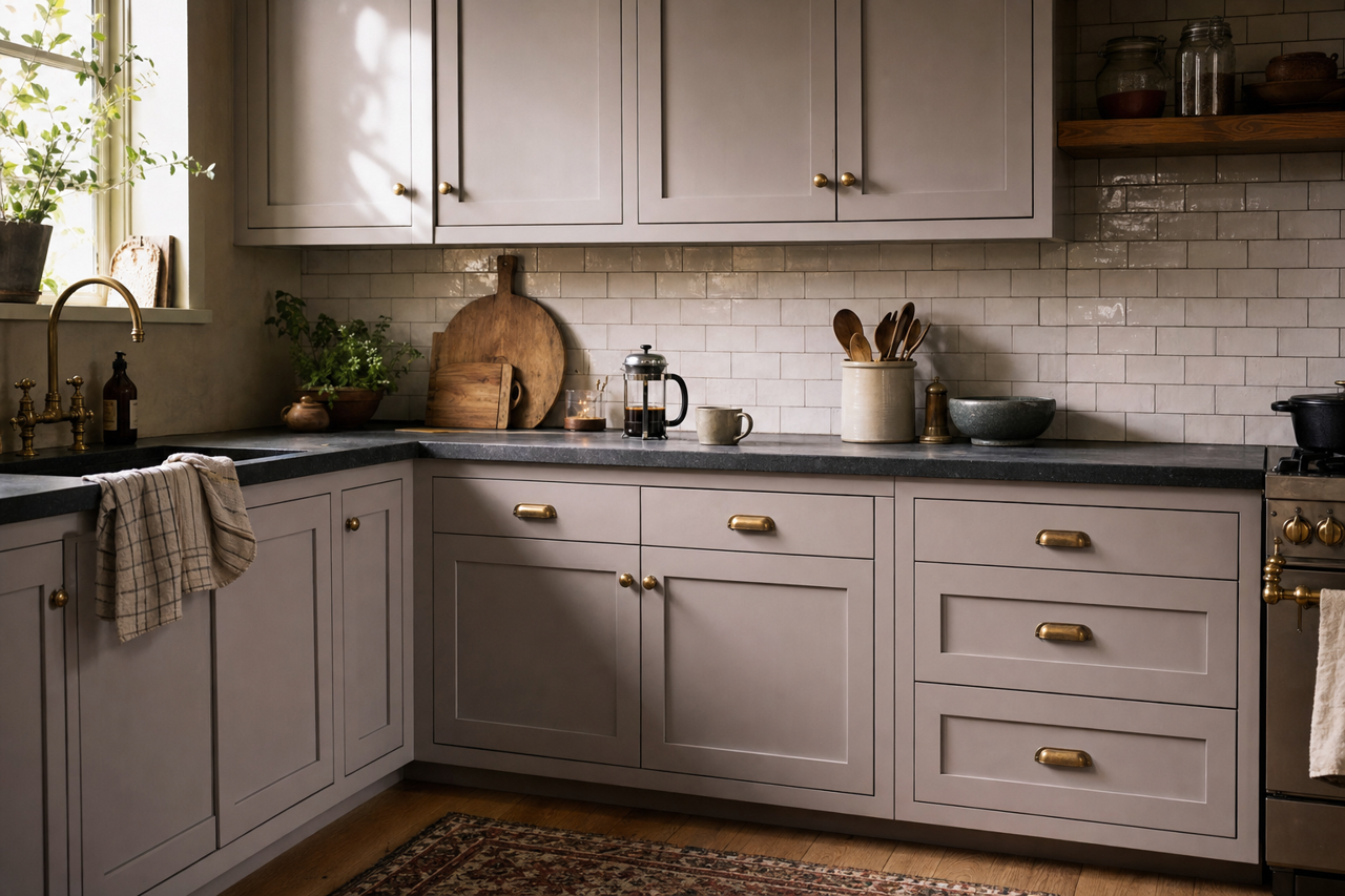 Beguiling Mauve by Sherwin-Williams on cabinets