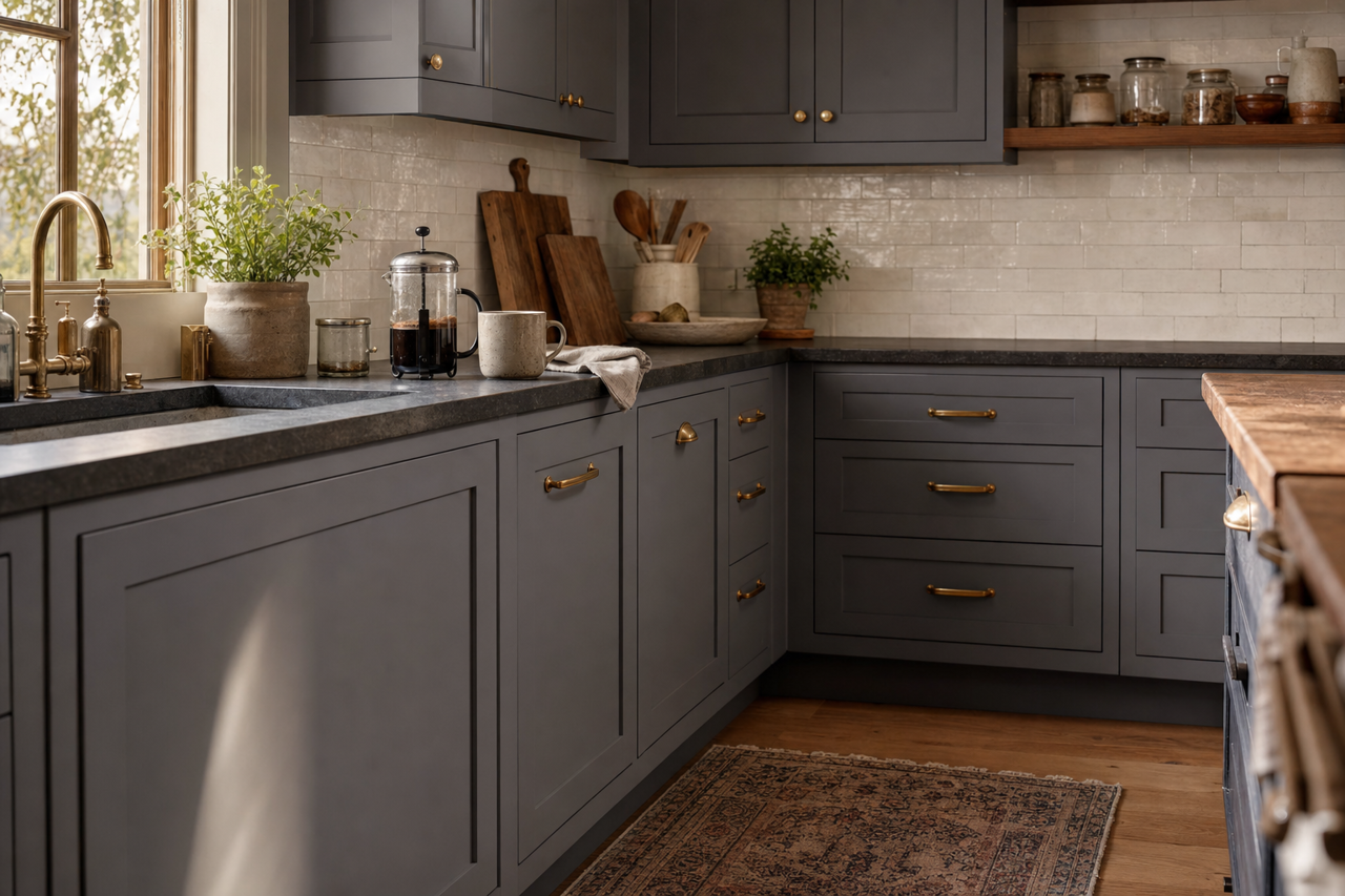 Cloak Gray by Sherwin-Williams on cabinets