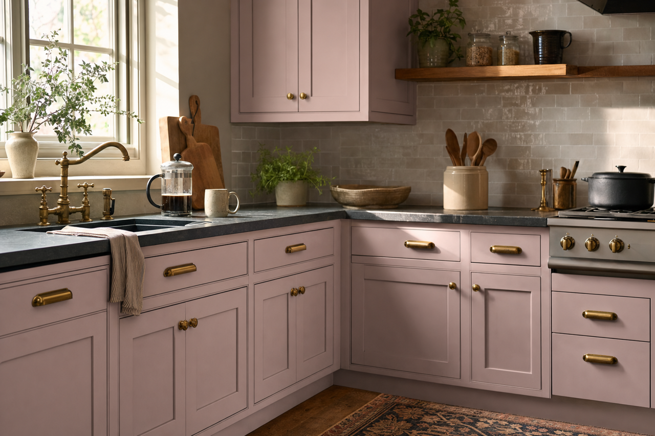 Mauve Finery by Sherwin-Williams on cabinets