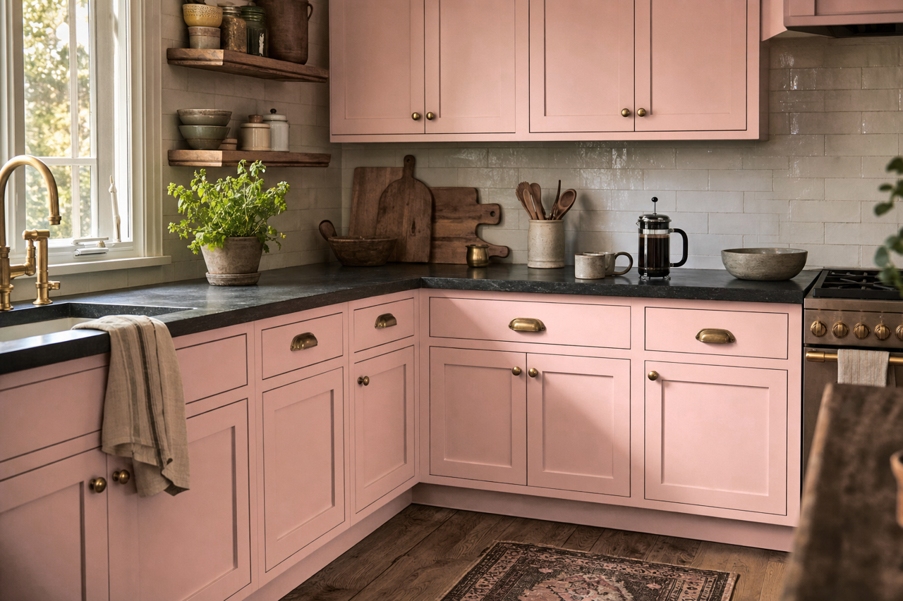 Rose Colored by Sherwin-Williams on cabinets