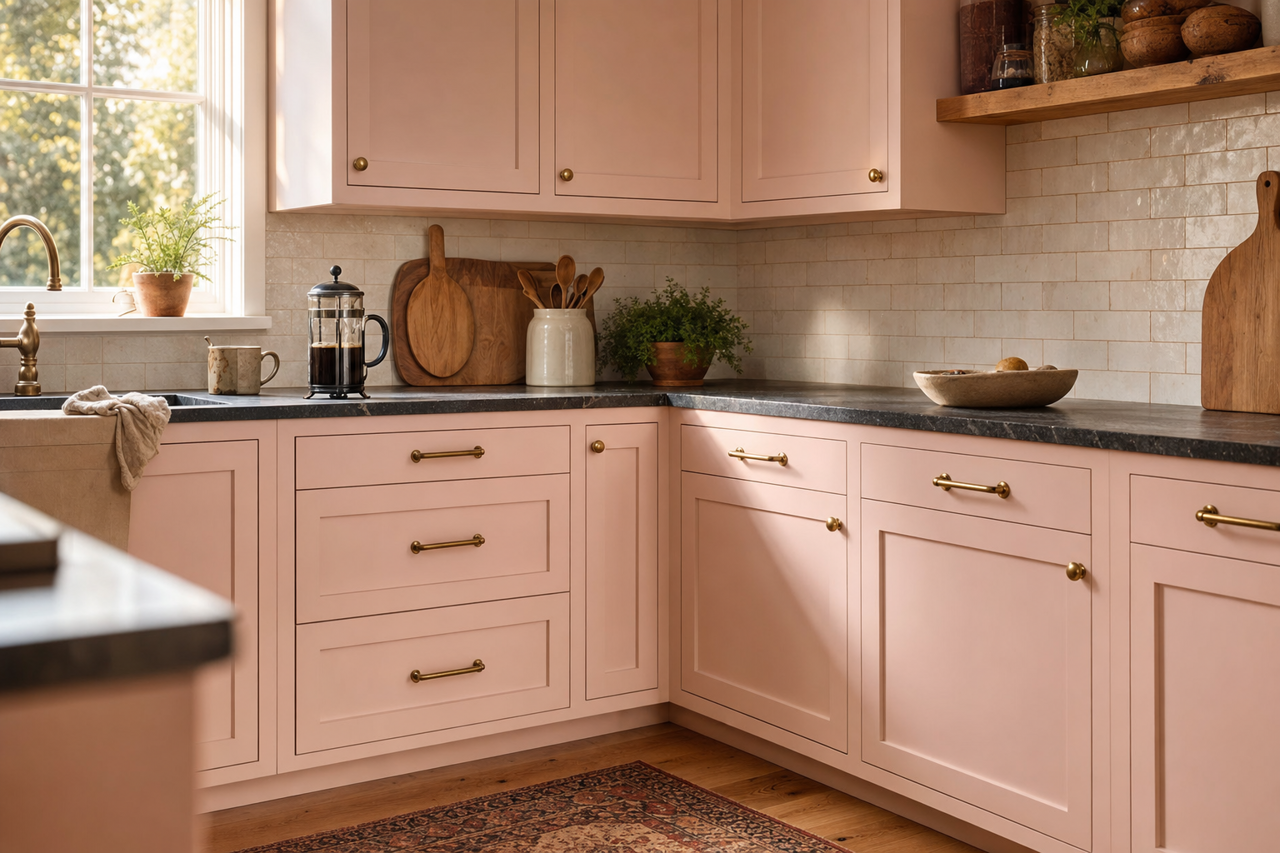 Charming Pink by Sherwin-Williams on cabinets