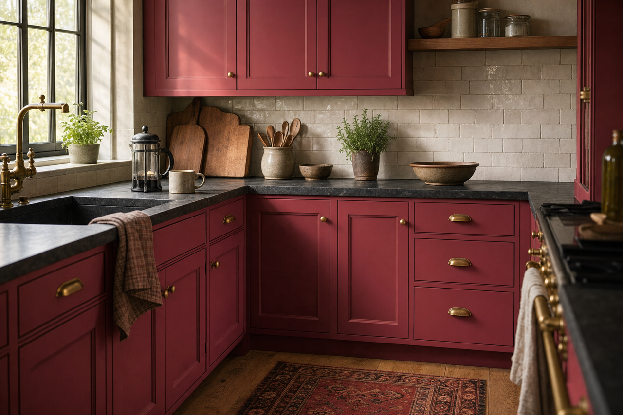 Luxurious Red by Sherwin-Williams on cabinets