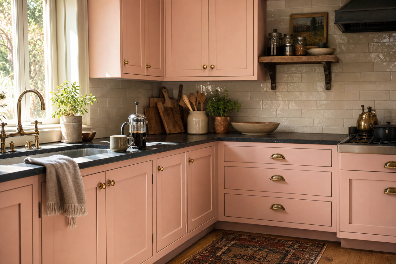 Rosy Outlook by Sherwin-Williams on cabinets