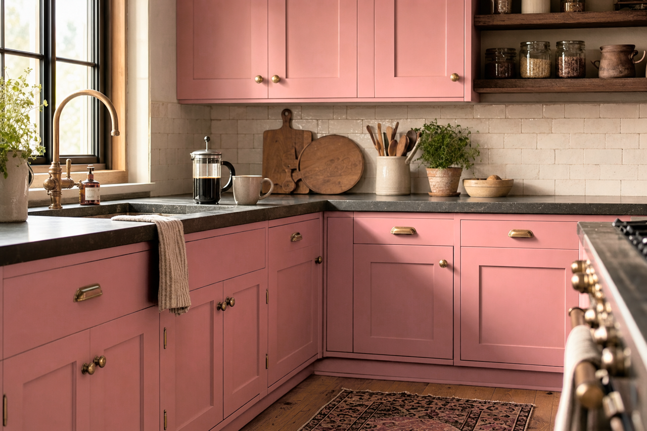 Resounding Rose by Sherwin-Williams on cabinets