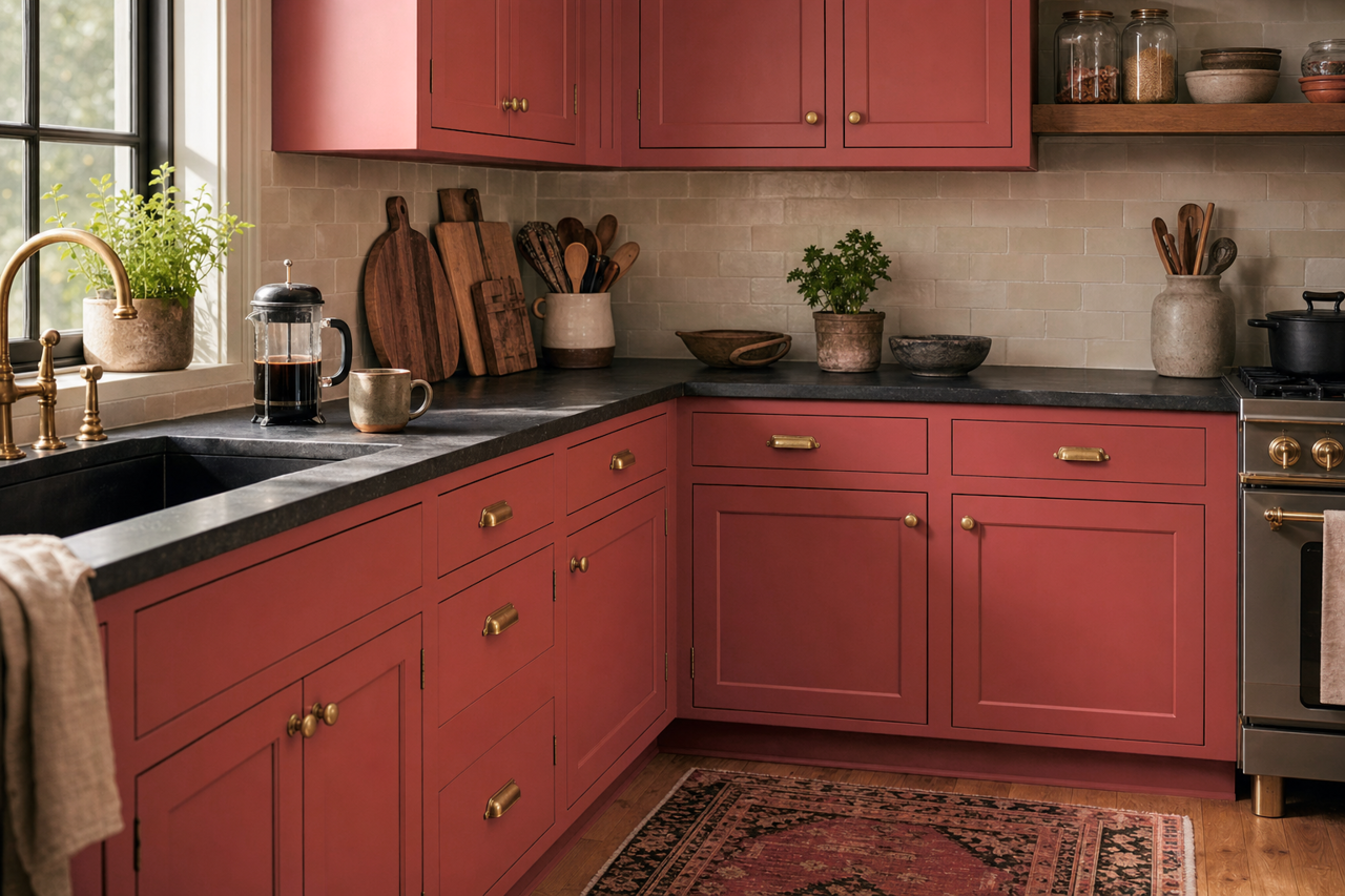 Bravado Red by Sherwin-Williams on cabinets