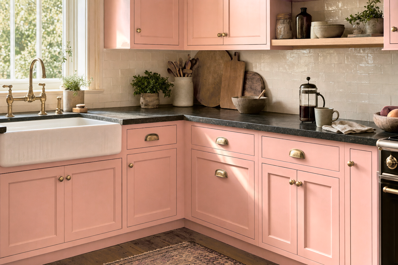 Mellow Coral by Sherwin-Williams on cabinets