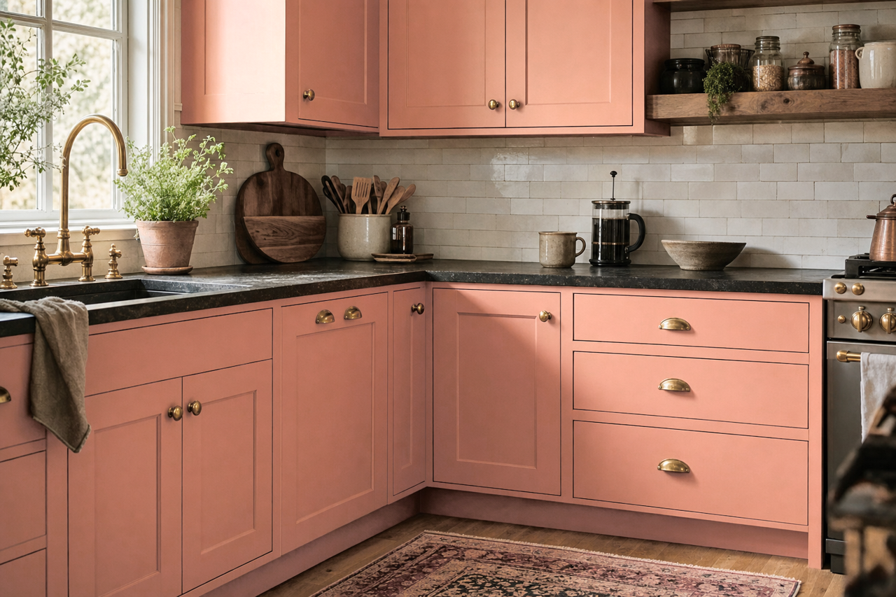 Coral Island by Sherwin-Williams on cabinets