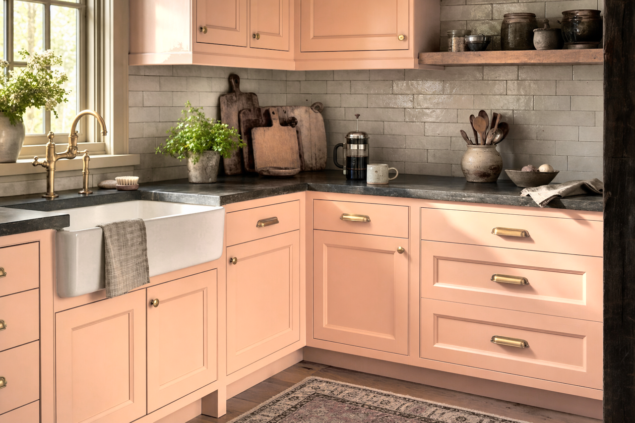Warming Peach by Sherwin-Williams on cabinets