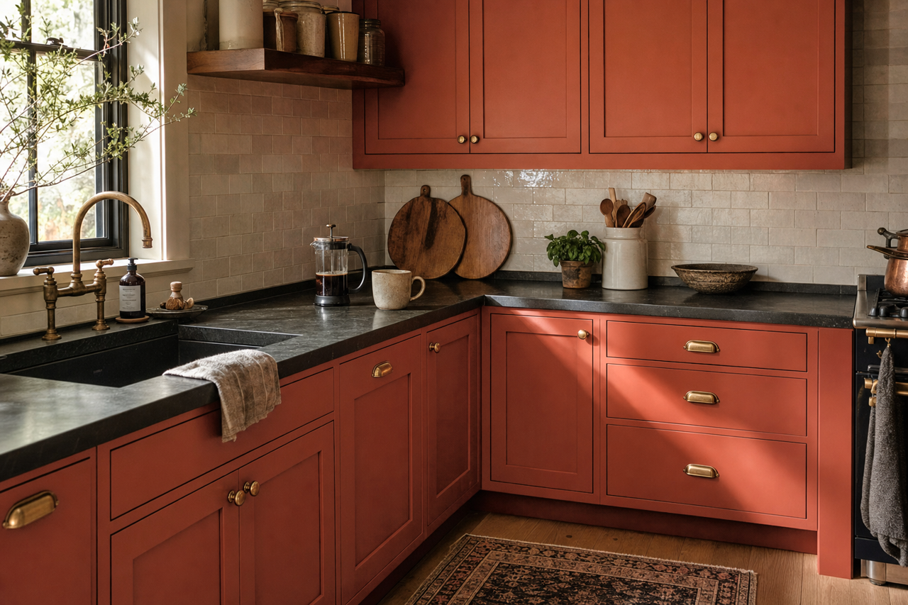 Spicy Hue by Sherwin-Williams on cabinets