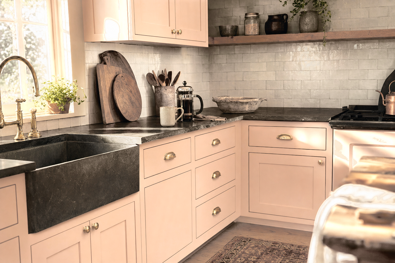 Peach Fuzz by Sherwin-Williams on cabinets