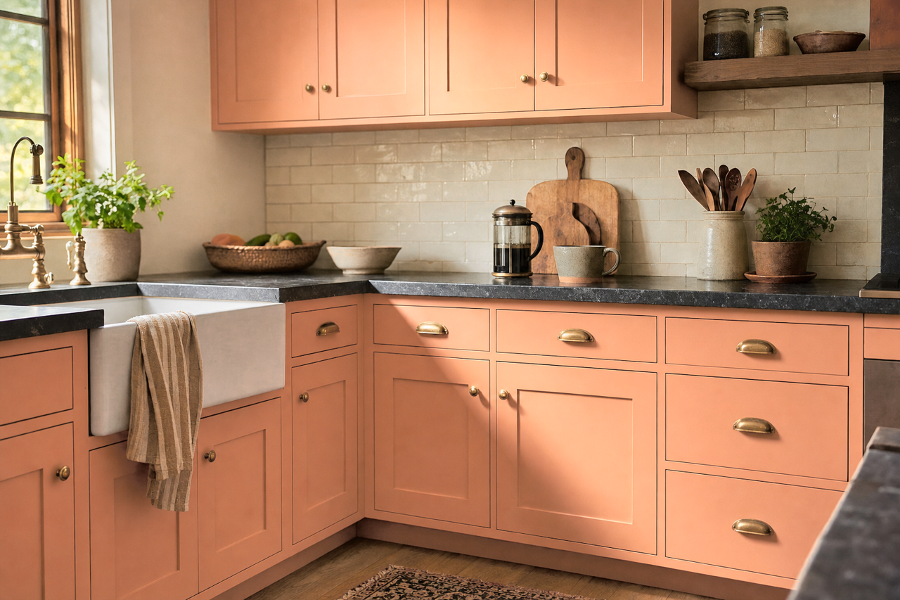 Fame Orange by Sherwin-Williams on cabinets