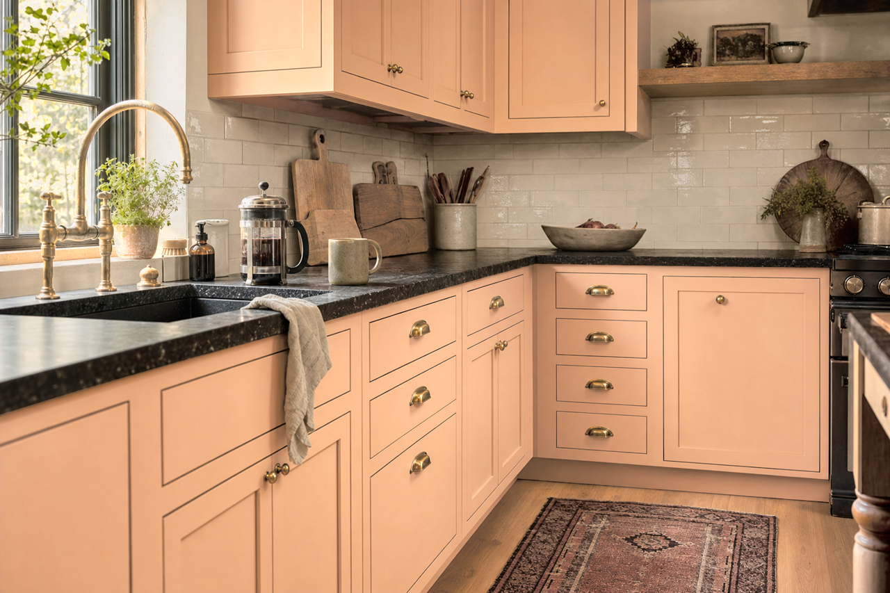 Soft Apricot by Sherwin-Williams on cabinets