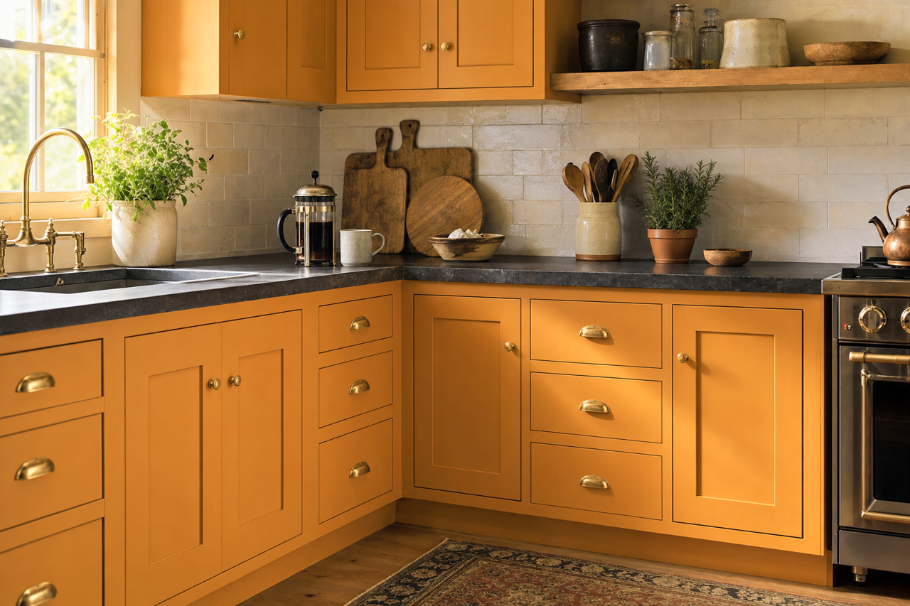 Gold Coast by Sherwin-Williams on cabinets