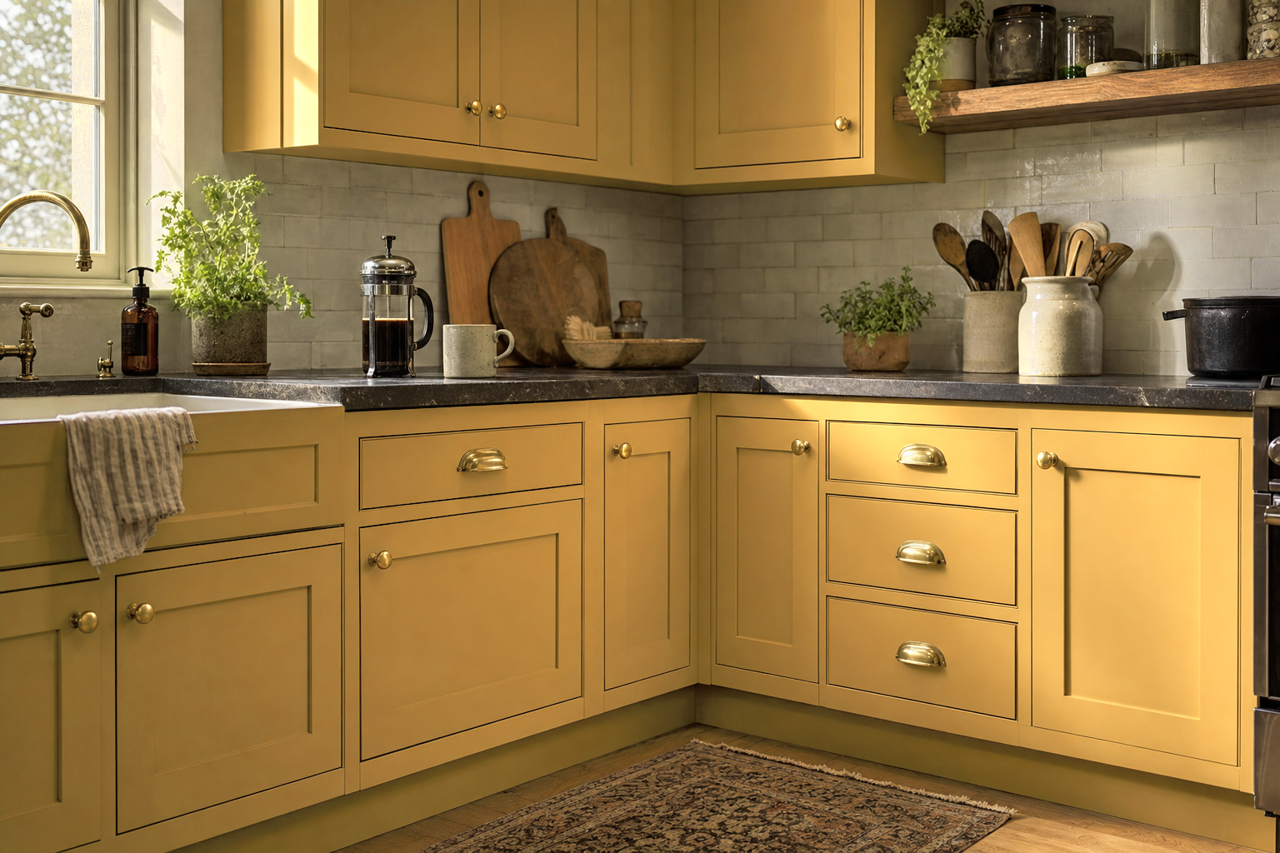 Escapade Gold by Sherwin-Williams on cabinets