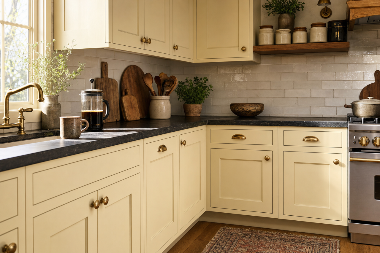 Ionic Ivory by Sherwin-Williams on cabinets
