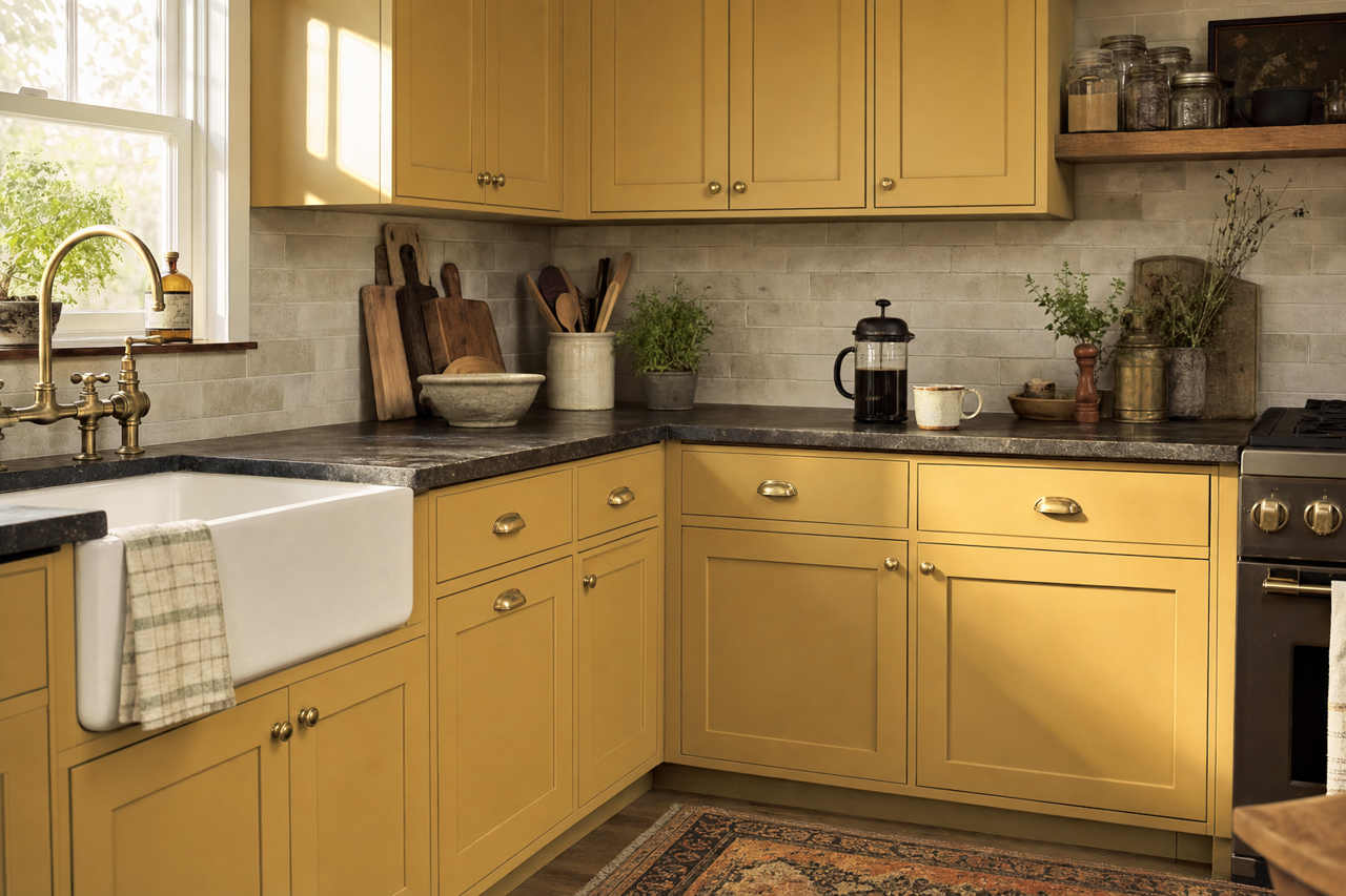 Edgy Gold by Sherwin-Williams on cabinets