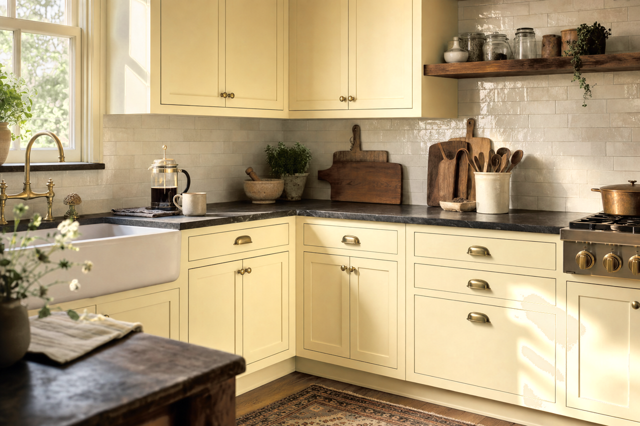Rice Paddy by Sherwin-Williams on cabinets