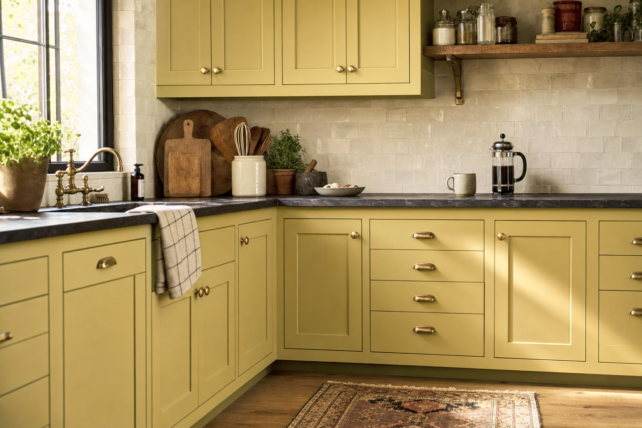 Sassy Green by Sherwin-Williams on cabinets