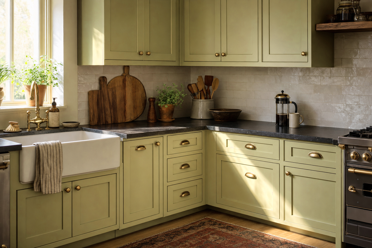 Ryegrass by Sherwin-Williams on cabinets