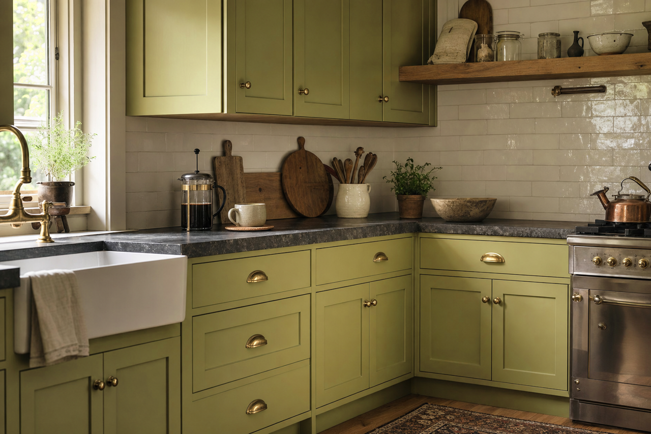 Tansy Green by Sherwin-Williams on cabinets