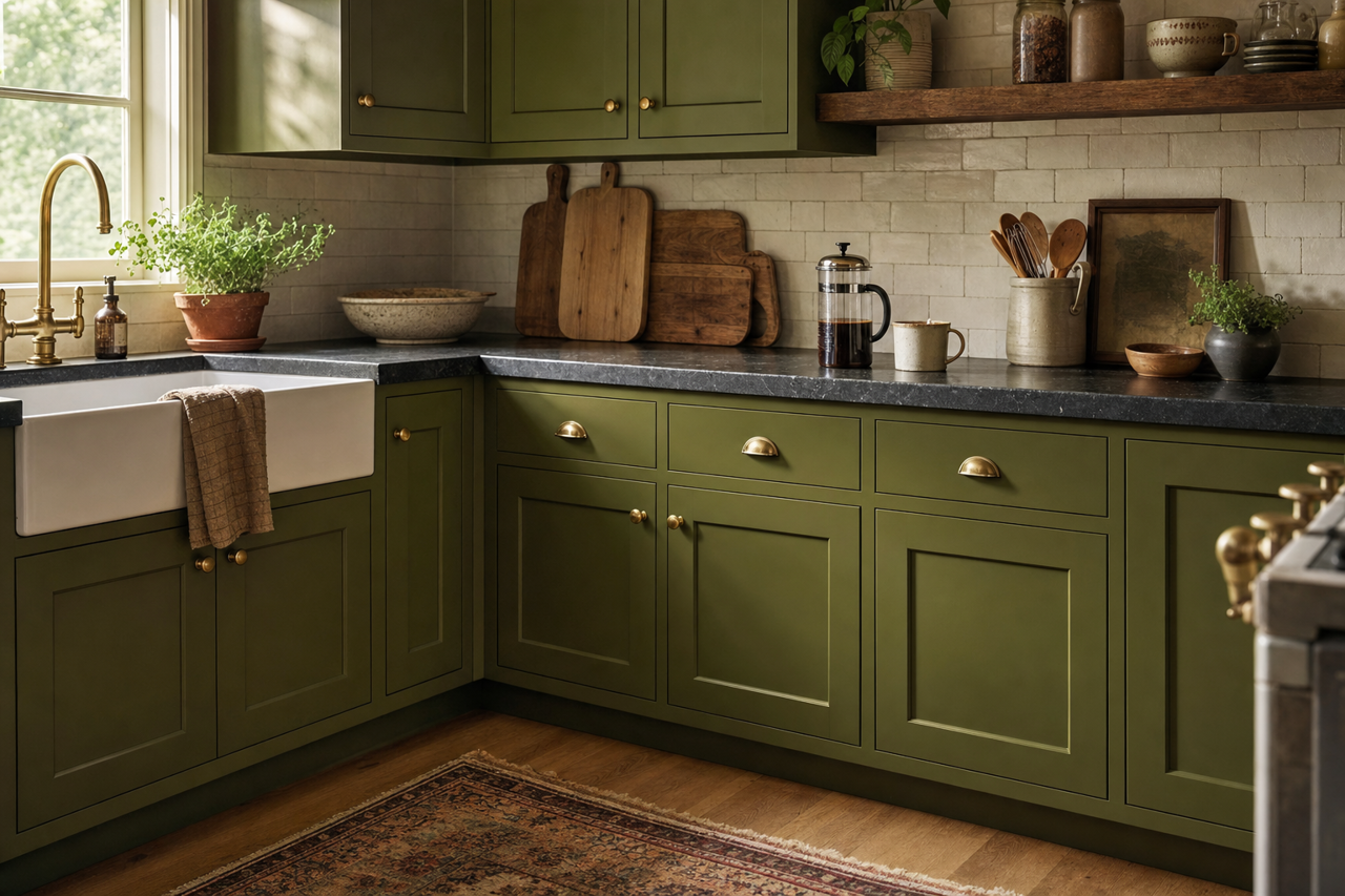 Basque Green by Sherwin-Williams on cabinets