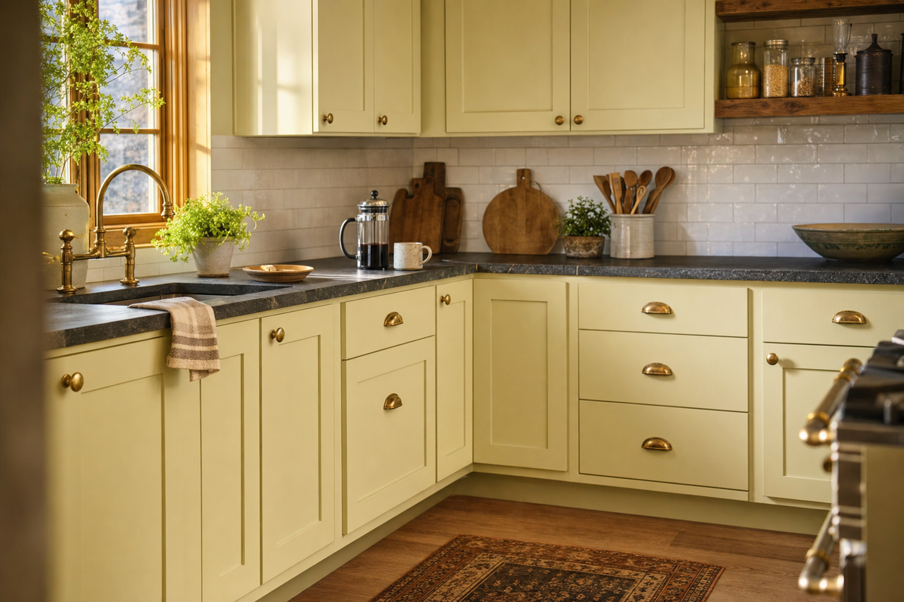 Honeydew by Sherwin-Williams on cabinets