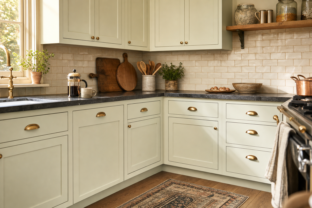 Spinach White by Sherwin-Williams on cabinets