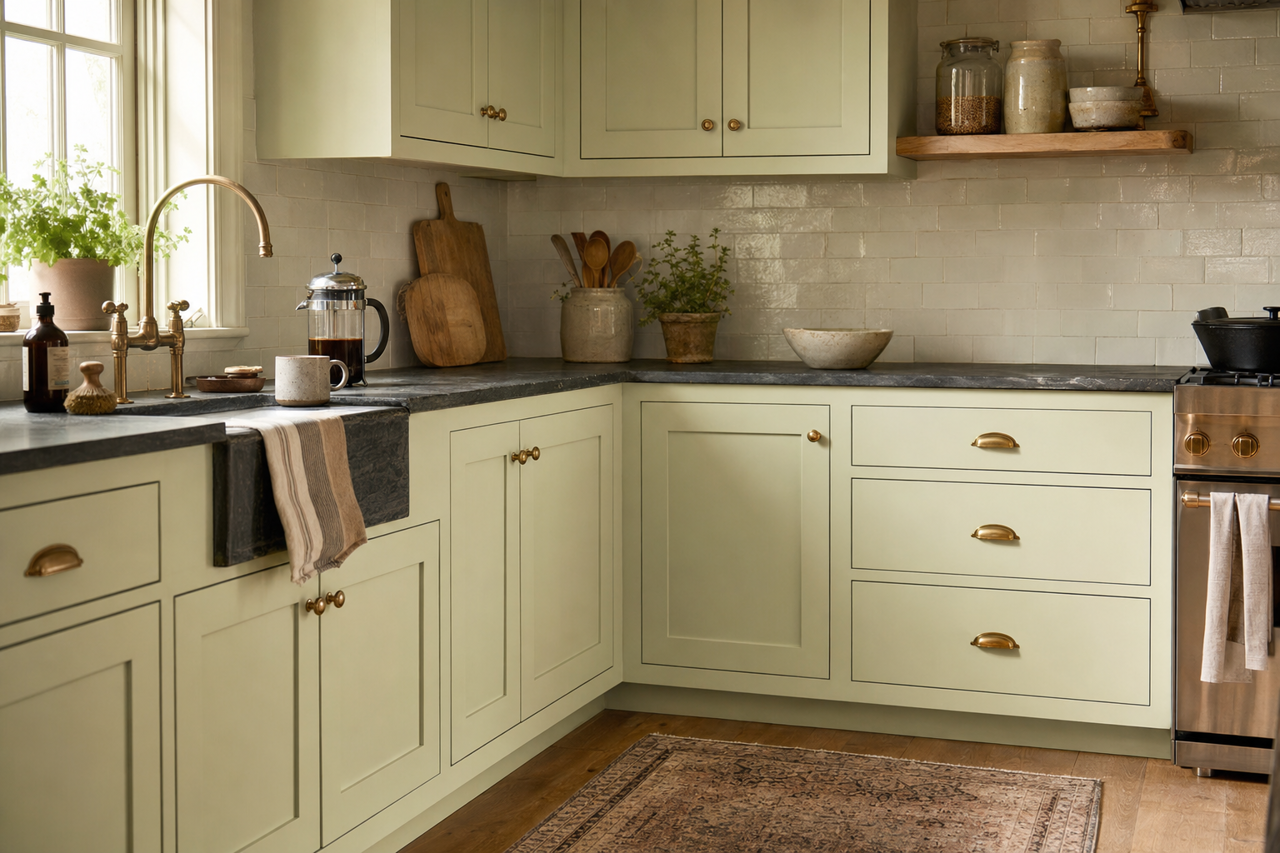 Gratifying Green by Sherwin-Williams on cabinets
