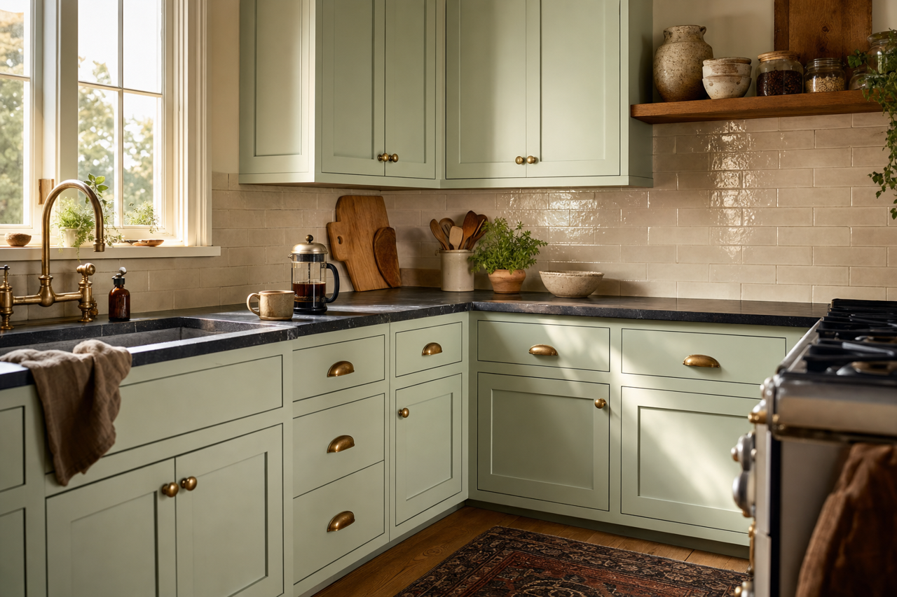Supreme Green by Sherwin-Williams on cabinets