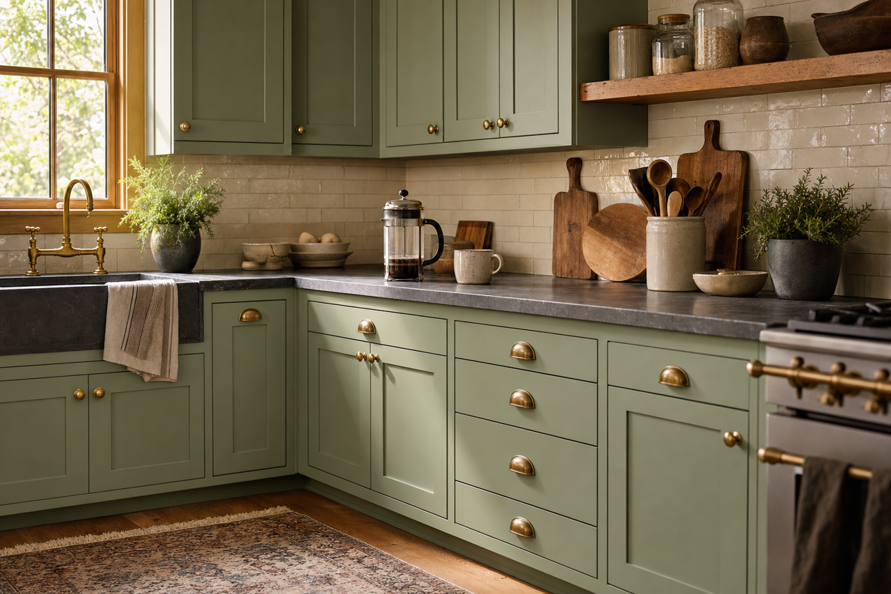 Lounge Green by Sherwin-Williams on cabinets