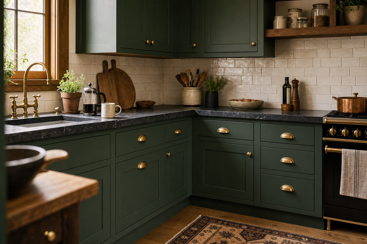 Evergreens by Sherwin-Williams on cabinets