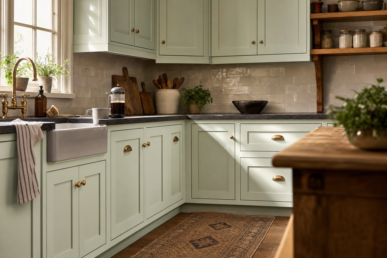 Fleeting Green by Sherwin-Williams on cabinets