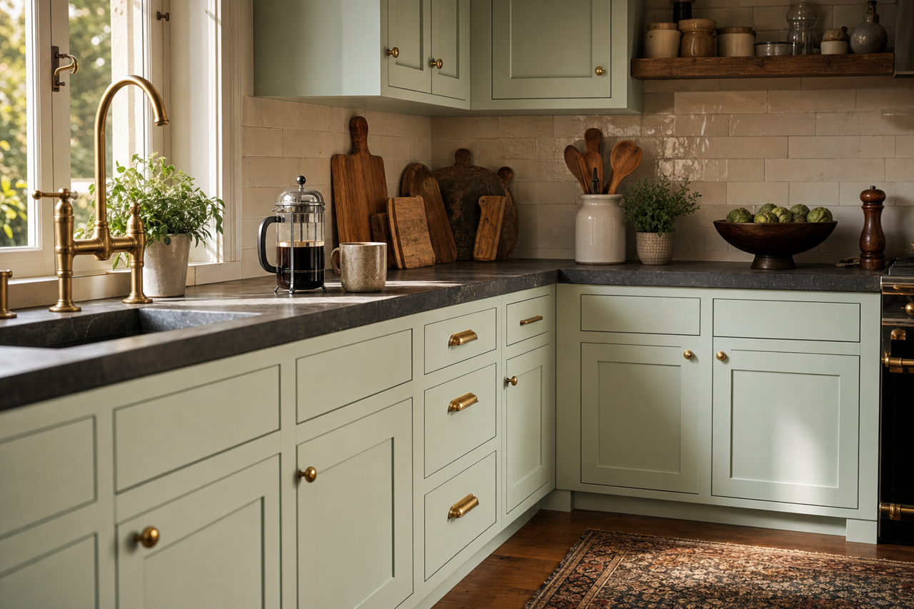Slow Green by Sherwin-Williams on cabinets