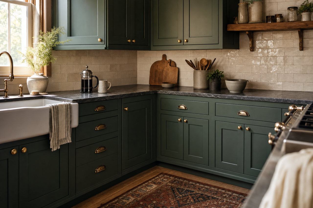 Isle of Pines by Sherwin-Williams on cabinets