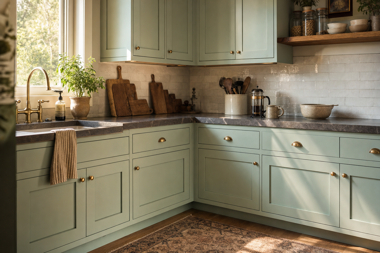 Aloe by Sherwin-Williams on cabinets