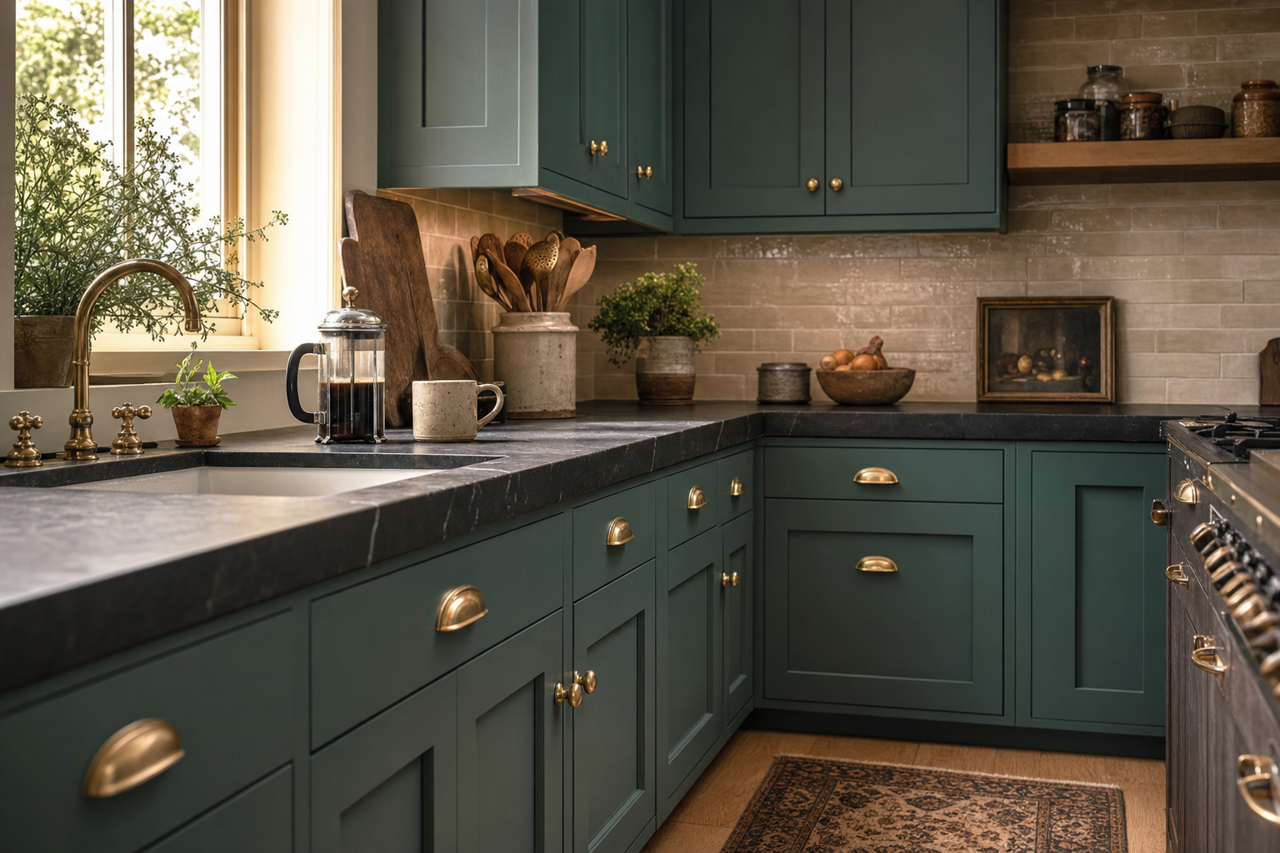 Raging Sea by Sherwin-Williams on cabinets