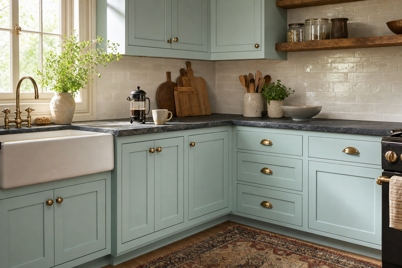 Watery by Sherwin-Williams on cabinets