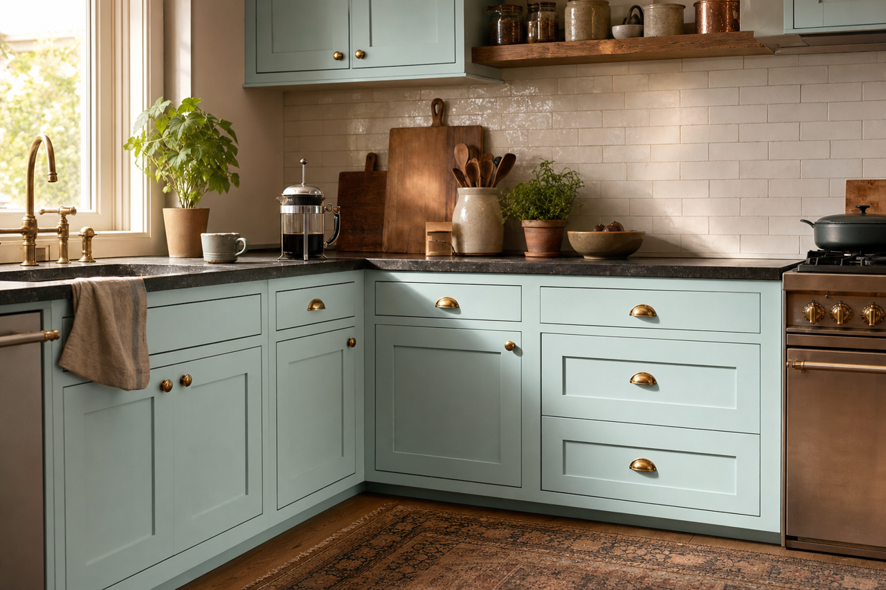 Meander Blue by Sherwin-Williams on cabinets