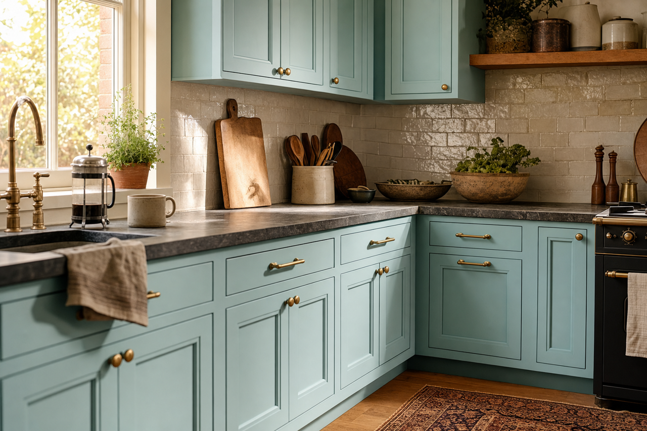 Raindrop by Sherwin-Williams on cabinets
