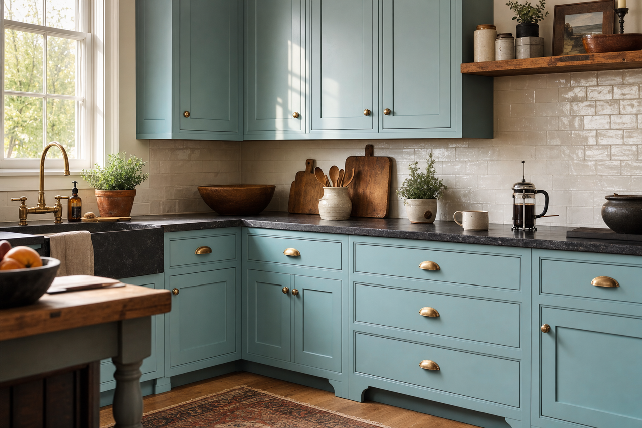 Reflecting Pool by Sherwin-Williams on cabinets